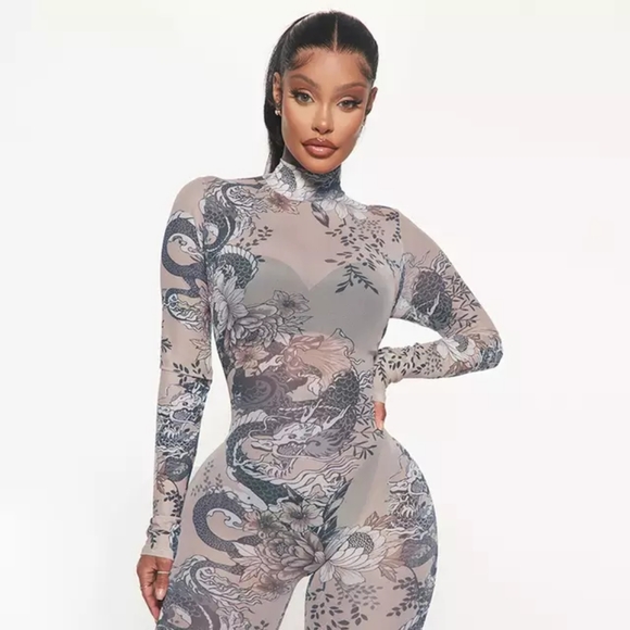 Tattoo print mesh jumpsuit - Picture 2 of 8